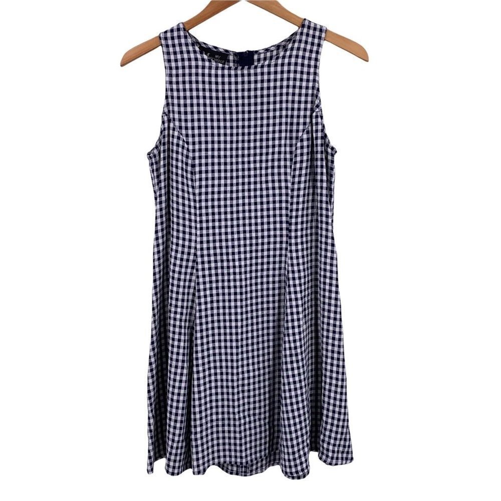 Vintage Y2K My Michelle Navy and White Gingham Rayon Lace-Up Back Dress Size 7/8